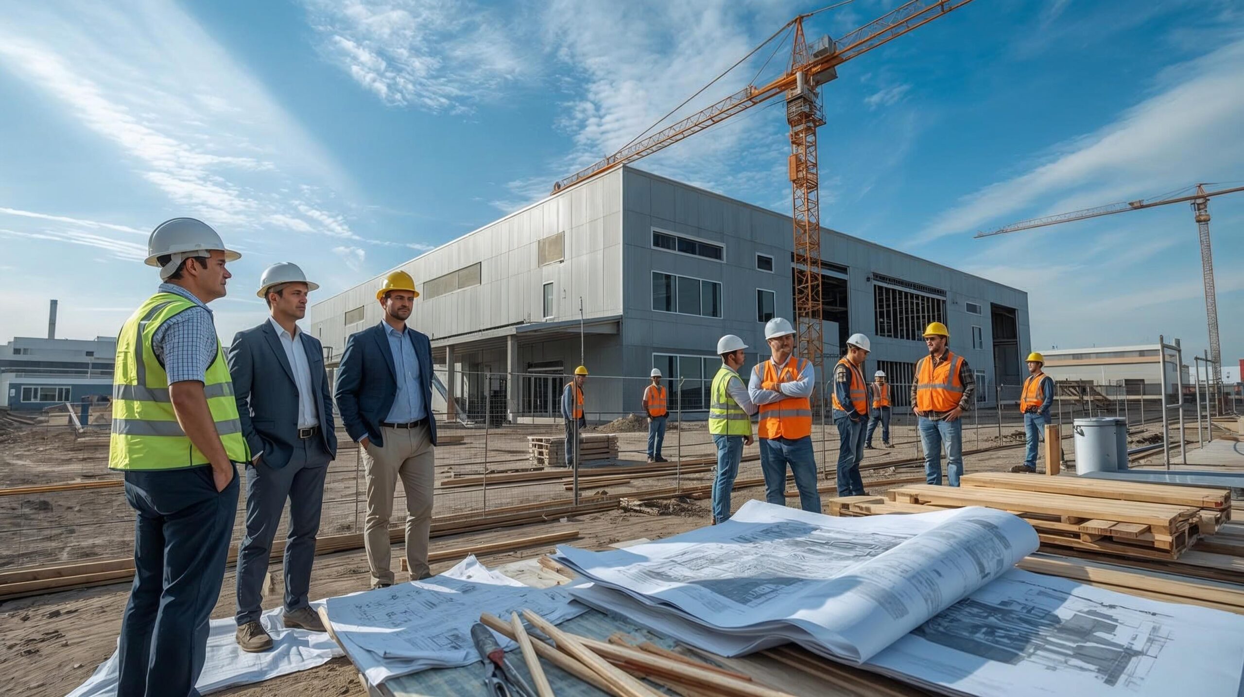 realistyczne i naturalne zdjęcie przedstawiające budowę nowej hali produkcyjnej z polskimi przedsiębiorcami i budowlańcami Invest in Pomerania 2030